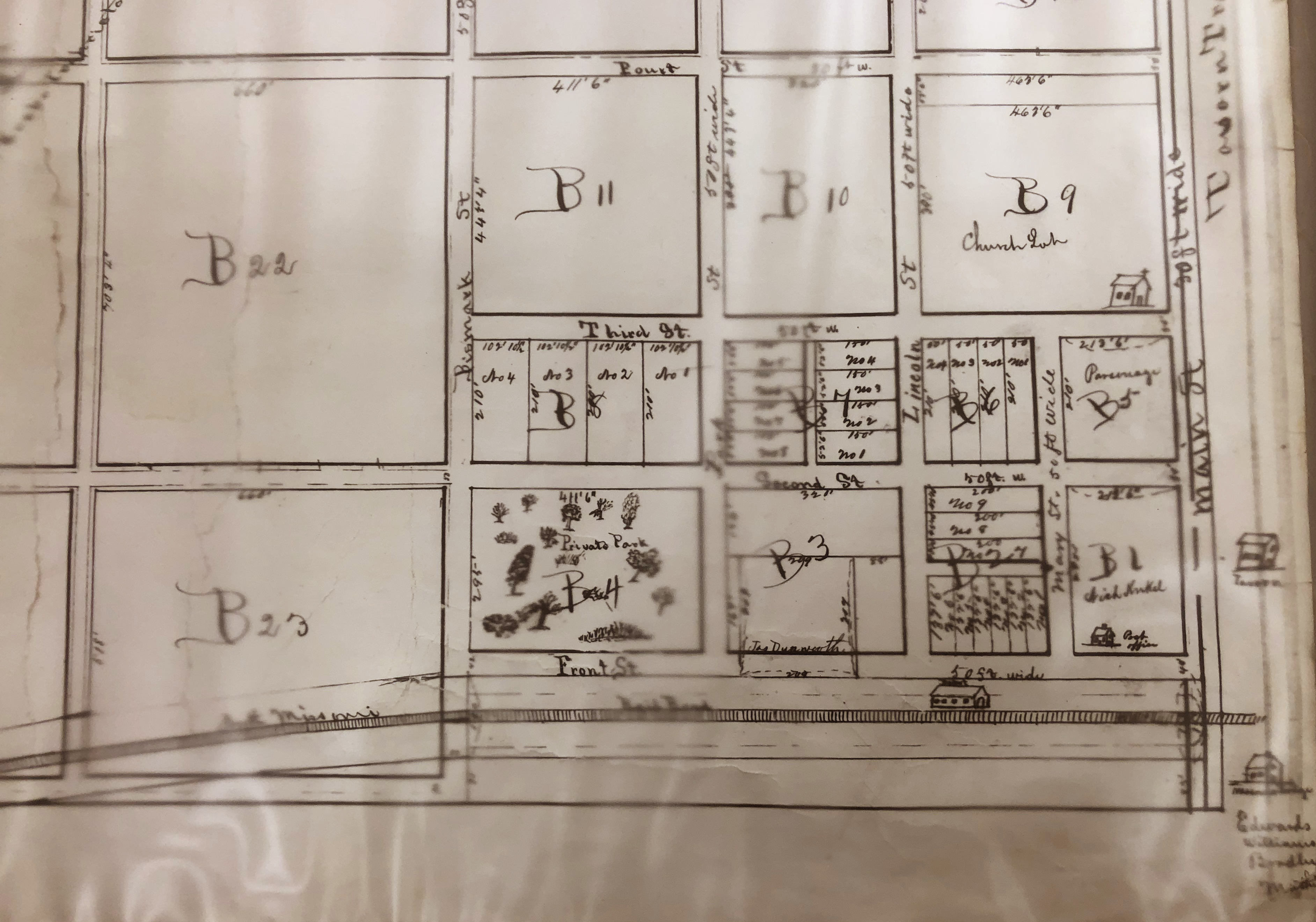 Survey drawn by Arnold Krekel of the original town of O'Fallon, Missouri.